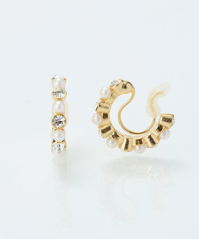 【金属アレルギー対応】【痛くないシリーズ】パール×ビジューフープライトフィットイヤリング