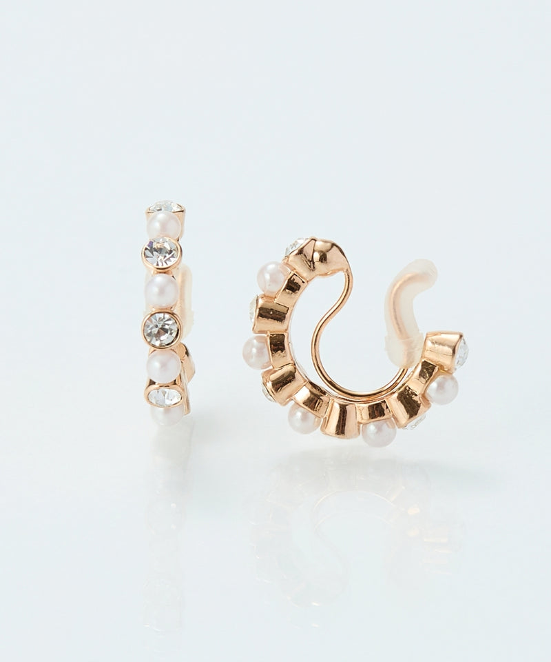 【金属アレルギー対応】【痛くないシリーズ】パール×ビジューフープライトフィットイヤリング