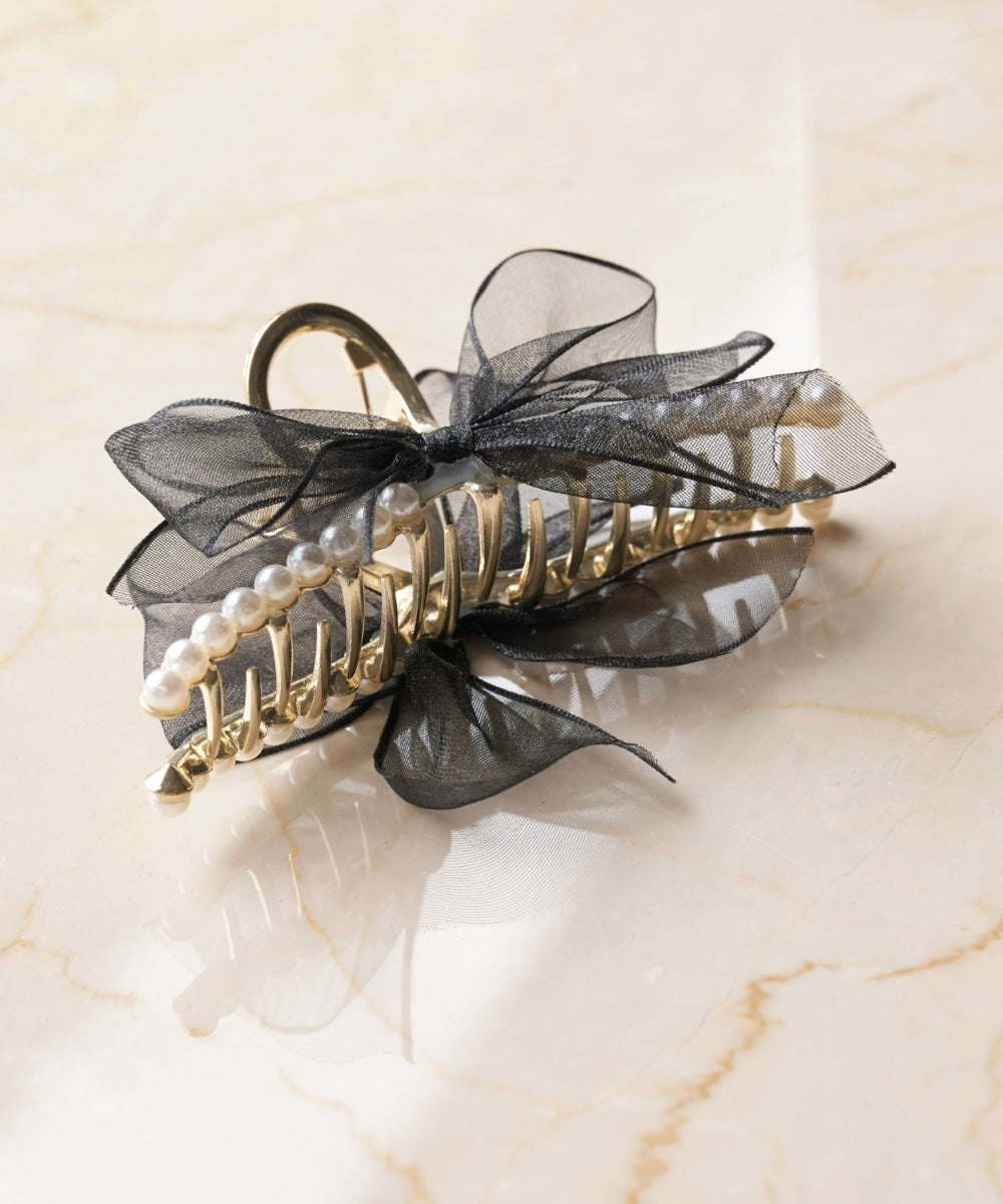 新作オーガンジー50足長型リボンヘアクリップチュールリボンパール付き