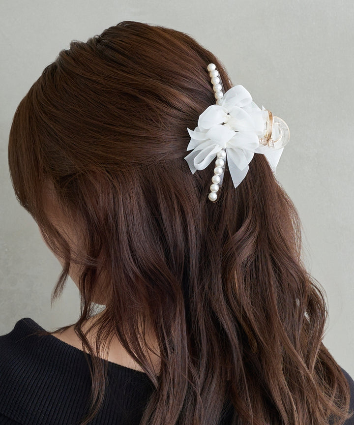 ベージュリボンパールヘアークリップ SHEIN ヘアクリップ パール ベージュ リボン 髪留め ヘアアクセ